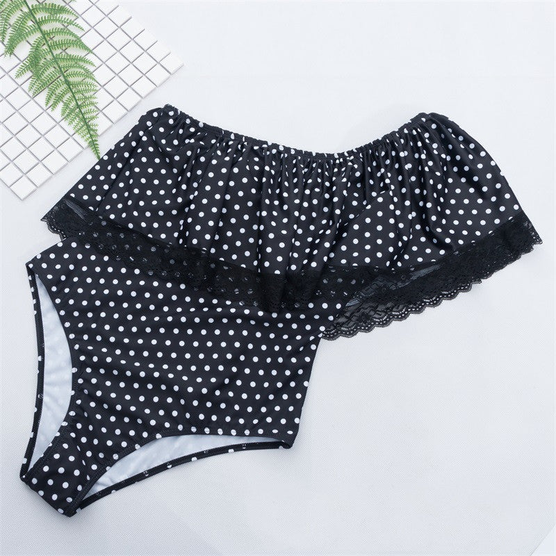 Sexy ruffled shoulder polka dot one-piece triangle swimsuit