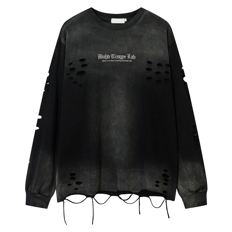 Trendy Relaxed-fit Long-sleeve T-shirt Featuring A Washed Vintage-style Letter Embroidery Design