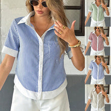 Womens Loose Fashionable Contrast-color Single-breasted Short-sleeve Top