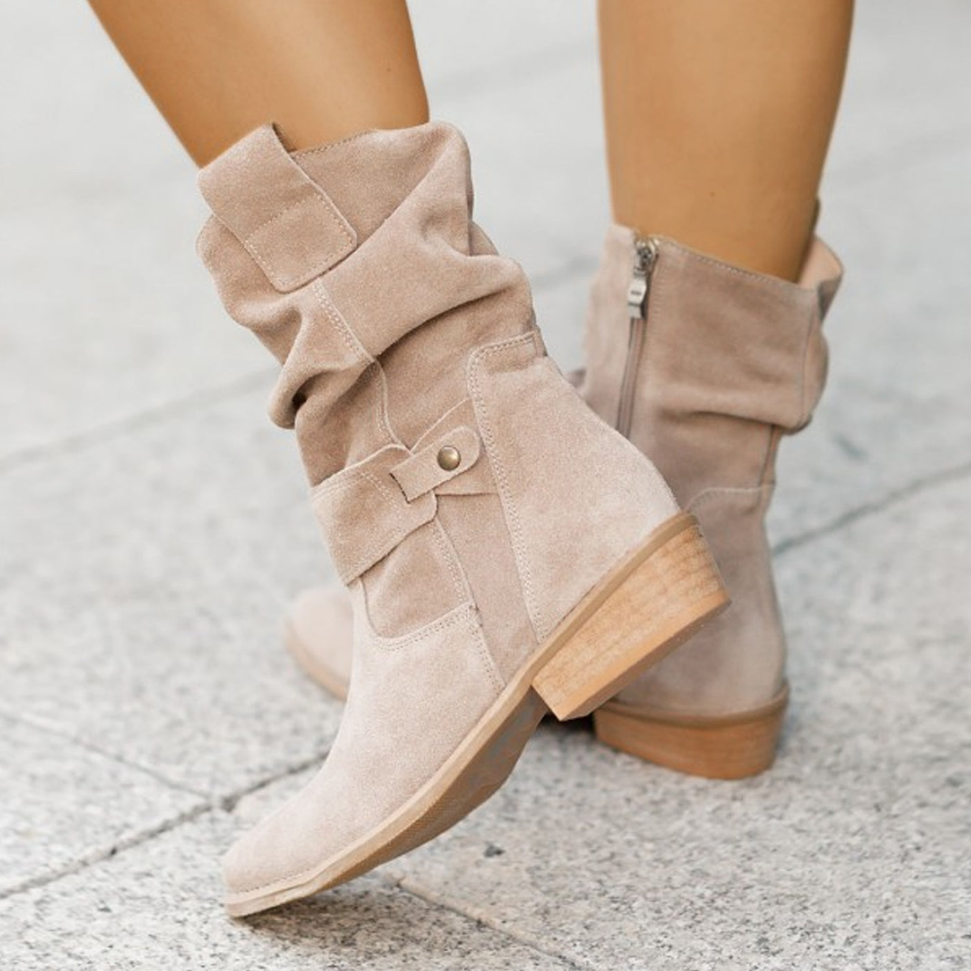 Ins Pointed Toe Mid-calf Boots Fashion Suede Zipper Western Boot Winter Shoes For Women
