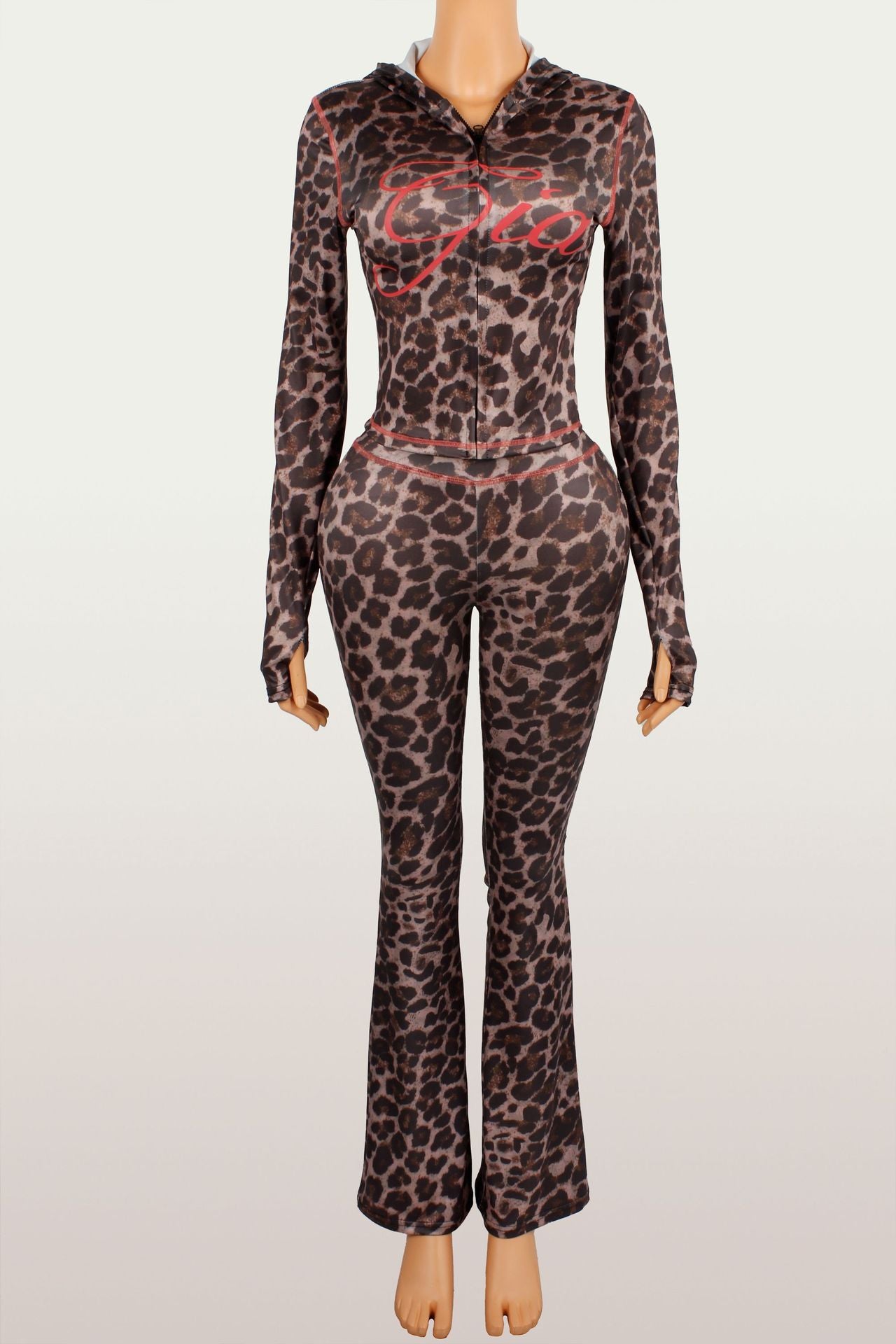 Fashionable Printed Casual Leopard-Print Zippered Long-Sleeve Jacket And Pants Set