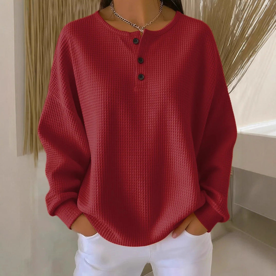 Ins Waffle Long-sleeved T-shirt Fashion Solid Color Buttons Round Neck Pullover Top Women's Clothing
