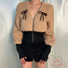 Bow-tie V-neck Long-sleeve Lambswool Belted Slim-fit Coat