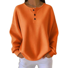 Ins Waffle Long-sleeved T-shirt Fashion Solid Color Buttons Round Neck Pullover Top Women's Clothing