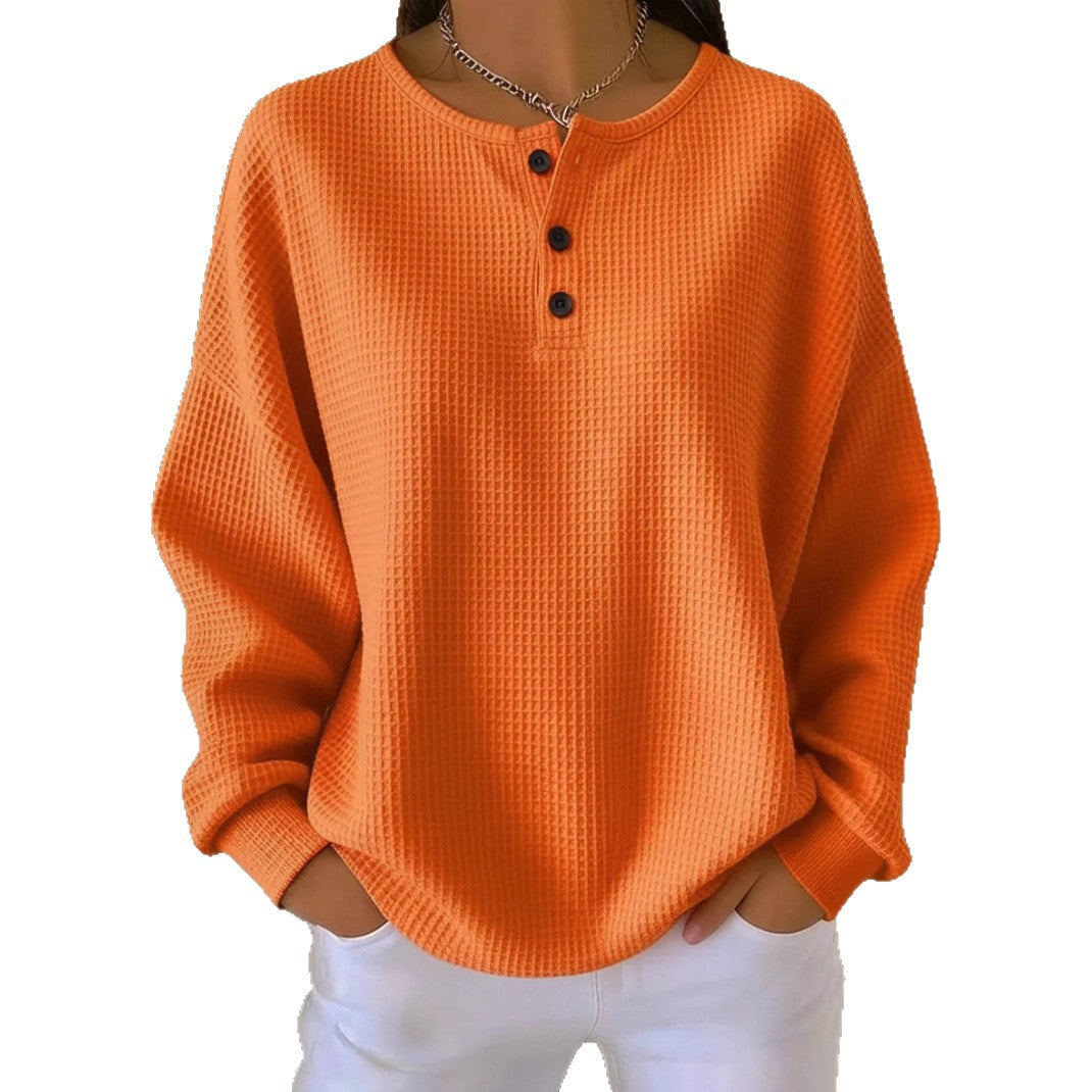 Ins Waffle Long-sleeved T-shirt Fashion Solid Color Buttons Round Neck Pullover Top Women's Clothing