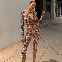 Womens Fashion Leopard-Print Long-Sleeve Top And Slim-Fit Pants Set