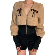 Bow-tie V-neck Long-sleeve Lambswool Belted Slim-fit Coat