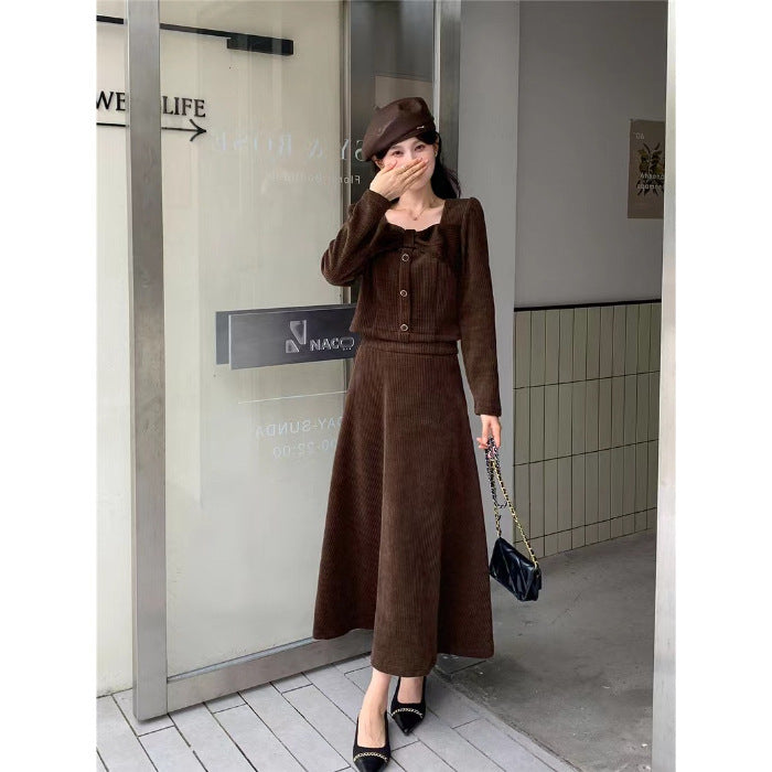 Fashionable And Minimalist Top Paired With A Corduroy Skirt For Women