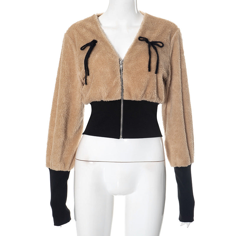 Bow-tie V-neck Long-sleeve Lambswool Belted Slim-fit Coat
