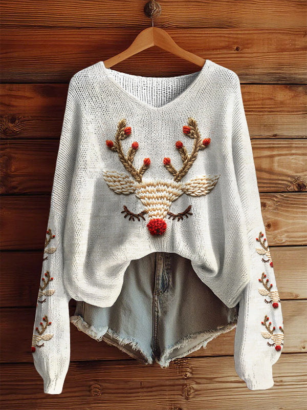AutumnWinter V-Neck Loose 3D Knitted Sweater For Women