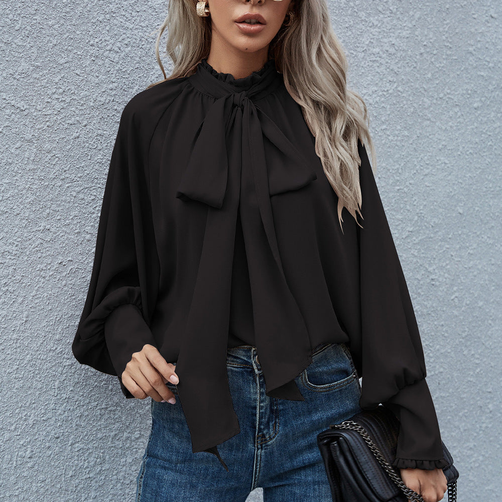 Ins Long-sleeved Blouse Bowknot Puff Sleeves Fashion Commuter Office Tops Women's Clothing