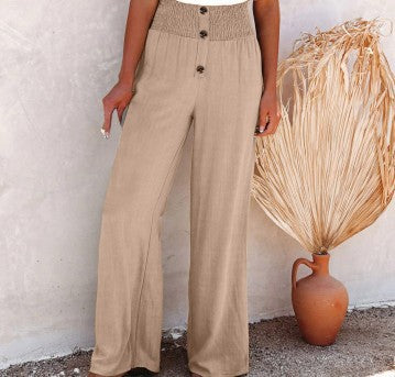 Casual Women's Button Color Elastic Waist Trousers Wide Leg Pants