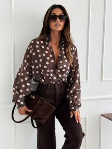 Womens Minimalist Long-Sleeve Polka-Dot Waist-Cinching Office-Ready Shirt