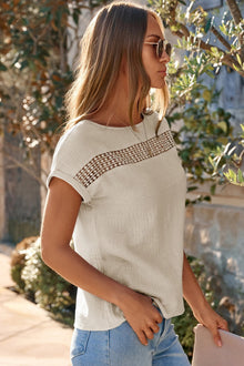 Beige Crochet-Panelled Textured Cotton Short-Sleeve Shirt