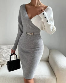 Autumn Chic New Arrival Contrast Color V Neck Slim Party Dress Women's Elegant Slim Package Hip  Long Sleeve Casual Street Dress