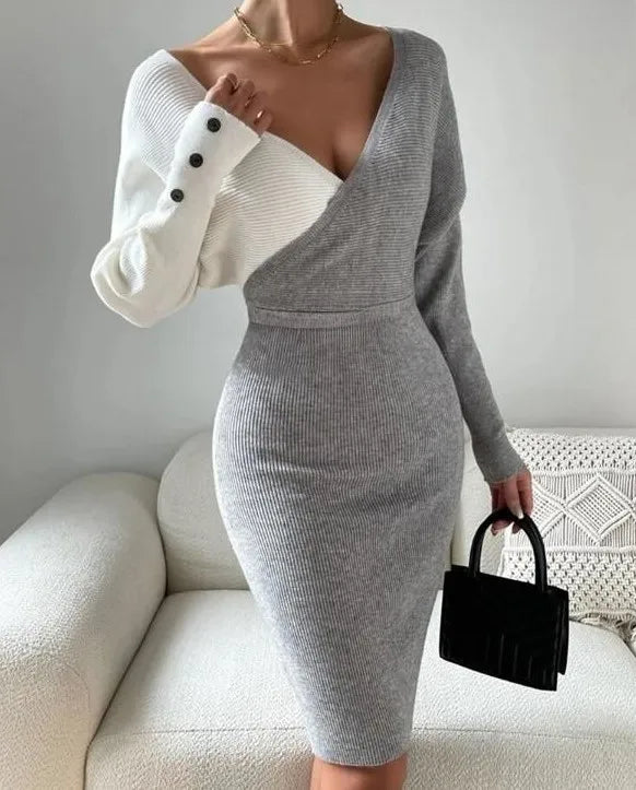Autumn Chic New Arrival Contrast Color V Neck Slim Party Dress Women's Elegant Slim Package Hip  Long Sleeve Casual Street Dress