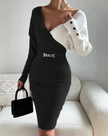 Autumn Chic New Arrival Contrast Color V Neck Slim Party Dress Women's Elegant Slim Package Hip  Long Sleeve Casual Street Dress