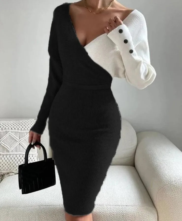 Autumn Chic New Arrival Contrast Color V Neck Slim Party Dress Women's Elegant Slim Package Hip  Long Sleeve Casual Street Dress