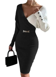 Autumn Chic New Arrival Contrast Color V Neck Slim Party Dress Women's Elegant Slim Package Hip  Long Sleeve Casual Street Dress