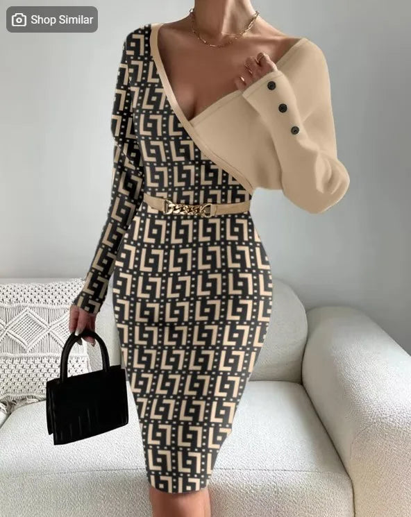 Autumn Chic New Arrival Contrast Color V Neck Slim Party Dress Women's Elegant Slim Package Hip  Long Sleeve Casual Street Dress