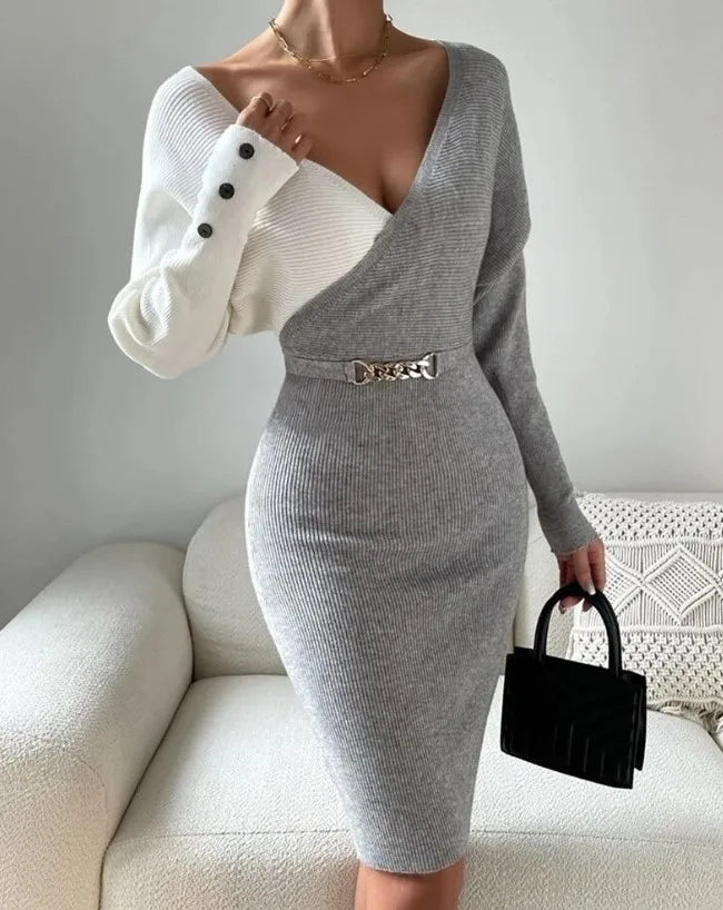 Autumn Chic New Arrival Contrast Color V Neck Slim Party Dress Women's Elegant Slim Package Hip  Long Sleeve Casual Street Dress