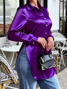 Womens Solid-Color Irregular-Hem Long-Sleeve Satin Shirt