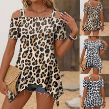 Women's Casual Leopard Print Off Shoulder Short Sleeve Top