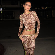Womens Fashion Leopard-Print Long-Sleeve Top And Slim-Fit Pants Set