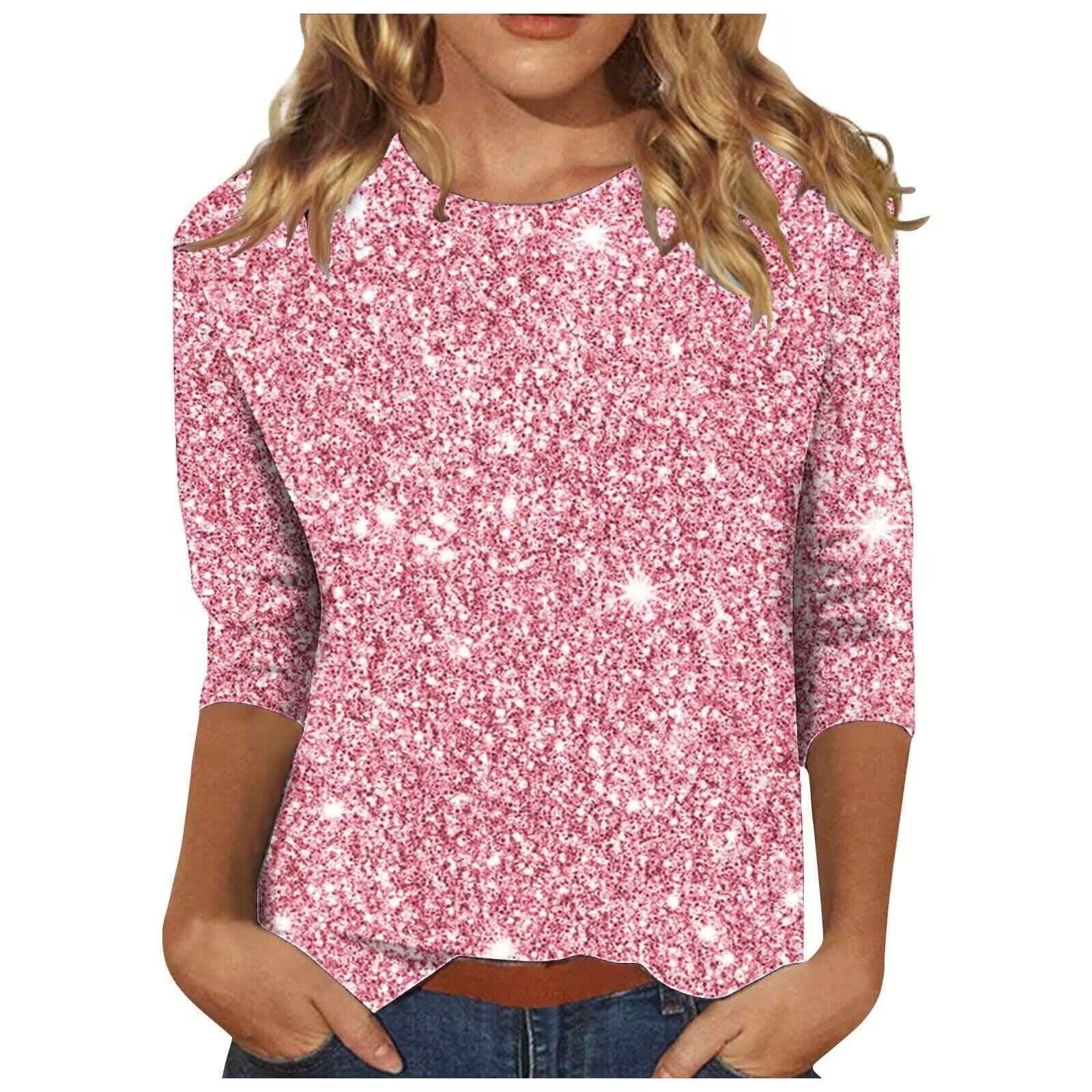 Sequin T-shirt With Three-quarter Sleeves And A Crew Neck For Women