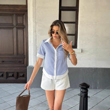 Womens Loose Fashionable Contrast-color Single-breasted Short-sleeve Top