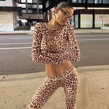Womens Fashion Leopard-Print Long-Sleeve Top And Slim-Fit Pants Set