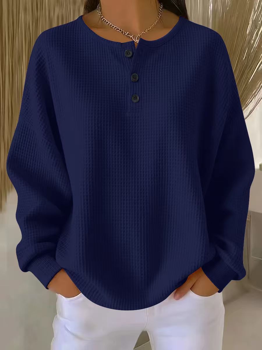 Ins Waffle Long-sleeved T-shirt Fashion Solid Color Buttons Round Neck Pullover Top Women's Clothing